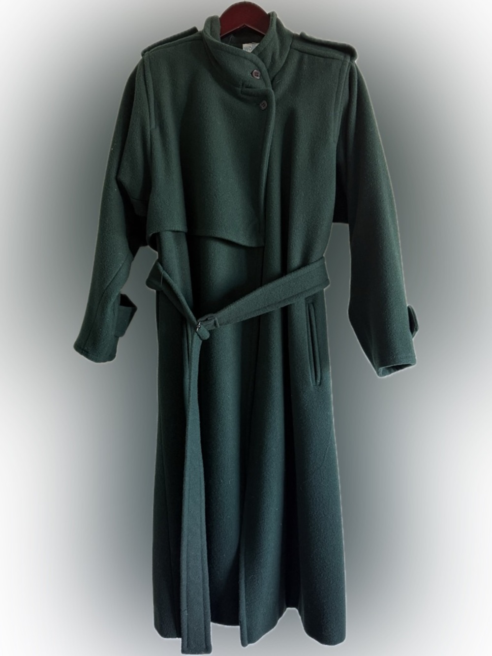 VINTAGE 70s/80s Wallis Exclusive Womens Dark Green Long Belted 100% Wool Coat